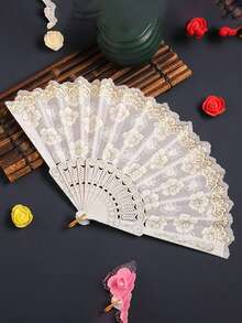 White Hand Fan With Gold Foil Sakura Print, Suitable For Home Use - Multicolor - View 1