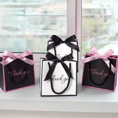 1/10/20pcs Creative Black & White Thank You Gift Bags Classic Color Scheme Tote Bags With Black Ribbon Bow Elegant Thank You Design Favor Packaging Bag For Holiday Birthday Gifts Wedding Favors Valentine's Day Party Supplies