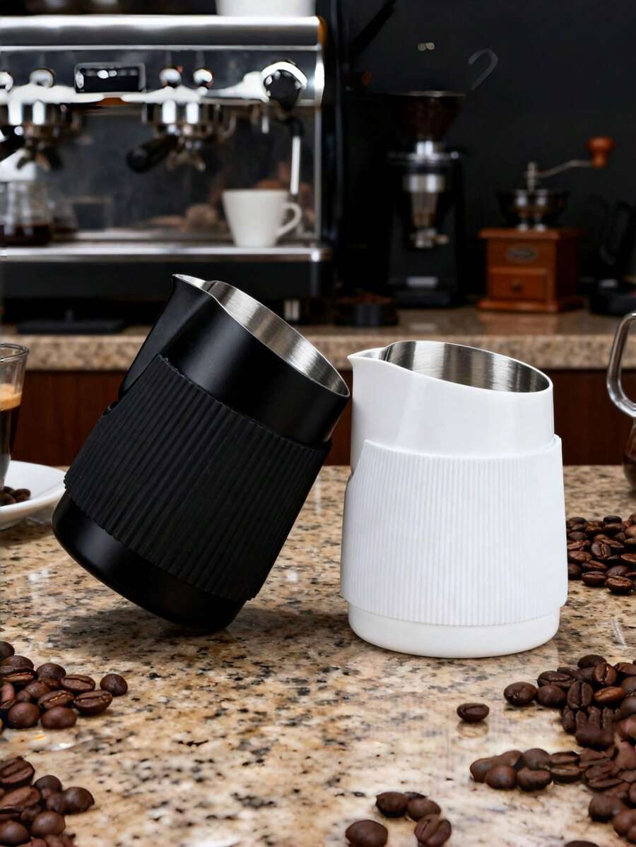 1个手冲咖啡拉花杯，白色或黑色可选，350毫升奶泡壶，不锈钢壶嘴，拉花杯，适用于咖啡杯、奶泡器、拿铁壶、泡沫杯、咖啡壶、滴滤咖啡机和咖啡制作套装工具 - 彩色 - 查看 1