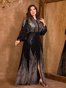 UNITHORSE [Random Cut] Plus Size V-Neck Lantern Sleeve Sequin Formal Evening Gown - Black - View 5