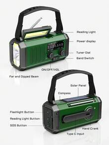 Teckwe 10000mAh Emergency Radio, Solar Radio, Hand Crank Radio, AM FM Weather Radio, 3 Charging Methods, Polymer Battery, Flashlight & Reading Lamp, SOS Alarm - Army Green - View 7