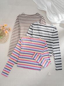 3件套女士条纹长袖T恤睡衣上衣，休闲舒适 - 彩色 - 查看 2