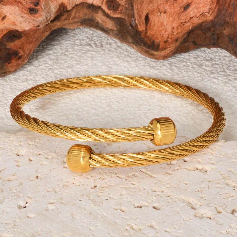 18k Gold Twisted Cable Cuff Bracelet For Women, Minimalist Adjustable Open Bangle, Jewelry Gift - Gold - View 1