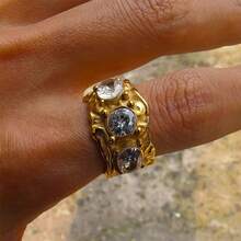 VKHK 1pc 18K Gold Plated Stainless Steel Asymmetrical Textured Ring With Shiny Zirconia Stones, Suitable For Women's Daily And Wedding Wear, Gift - Diamond Ring - View 1