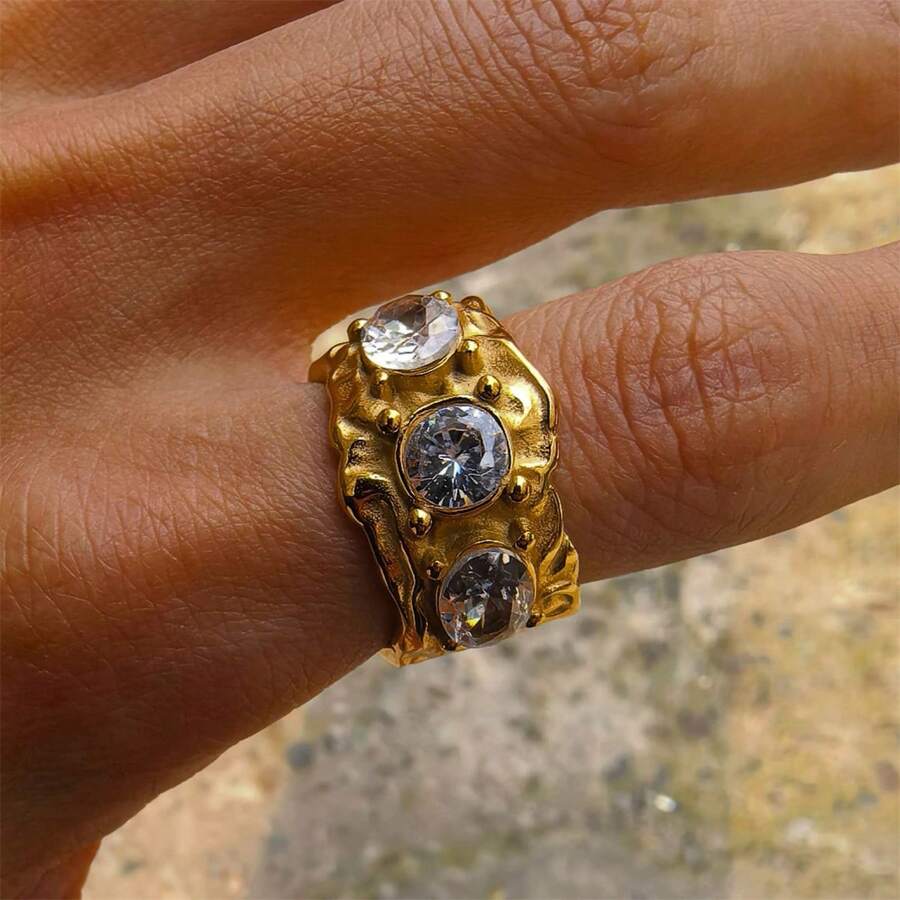 VKHK 1pc 18K Gold Plated Stainless Steel Asymmetrical Textured Ring With Shiny Zirconia Stones, Suitable For Women's Daily And Wedding Wear, Gift - Diamond Ring - View 1
