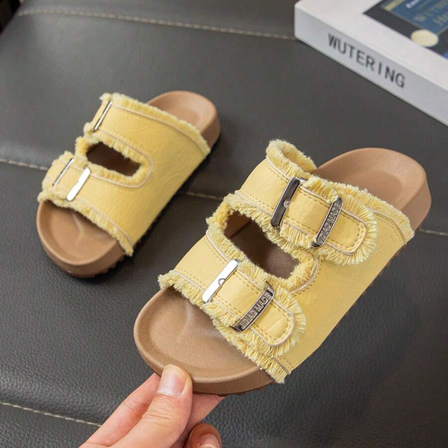 1双男女童（3-12岁）黄色流苏魔术贴凉鞋，亮面PU皮革，防滑透气，露趾平底拖鞋，复古时尚休闲风，适合日常、上学、海滩、派对等场合，畅销款 - 薑色 - 查看 1