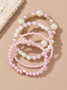 4pcs Set Women Elegant Faux Pearl Beaded Bracelets Combination Fashion Party Accessories - 粉色 - 查看 2
