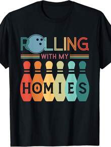 Retro Bowler T-Shirt| Funny Bowling Shirt Rolling With My Homies, Same Style For Men And Women, 2025 Summer, Short-Sleeved, Printed, Pure 220G, Crew Neck, Regular Fit, Vintage Style, All-Season - 黑色 - 查看 1