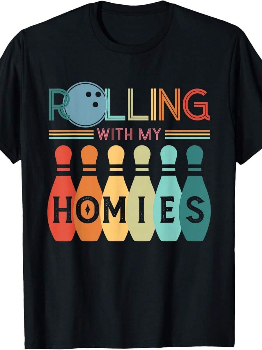 Retro Bowler T-Shirt| Funny Bowling Shirt Rolling With My Homies, Same Style For Men And Women, 2025 Summer, Short-Sleeved, Printed, Pure 220G, Crew Neck, Regular Fit, Vintage Style, All-Season - 黑色 - 查看 1