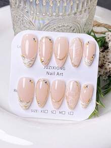 10片手工美甲贴纸，短指甲设计，假指甲，法式美甲贴片，黑色波点元素，3D粉色蝴蝶结装饰，透明裸粉色，乳白色蕾丝图案，法式金色饰边 - 白色 - 查看 4