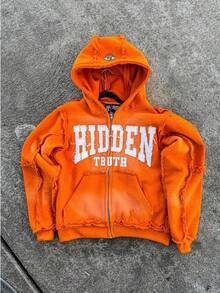 Men's & Women's High Street Retro Hooded Zipper Sweatshirt, Loose Casual Cardigan Jacket Top - 橘紅色 - 查看 1