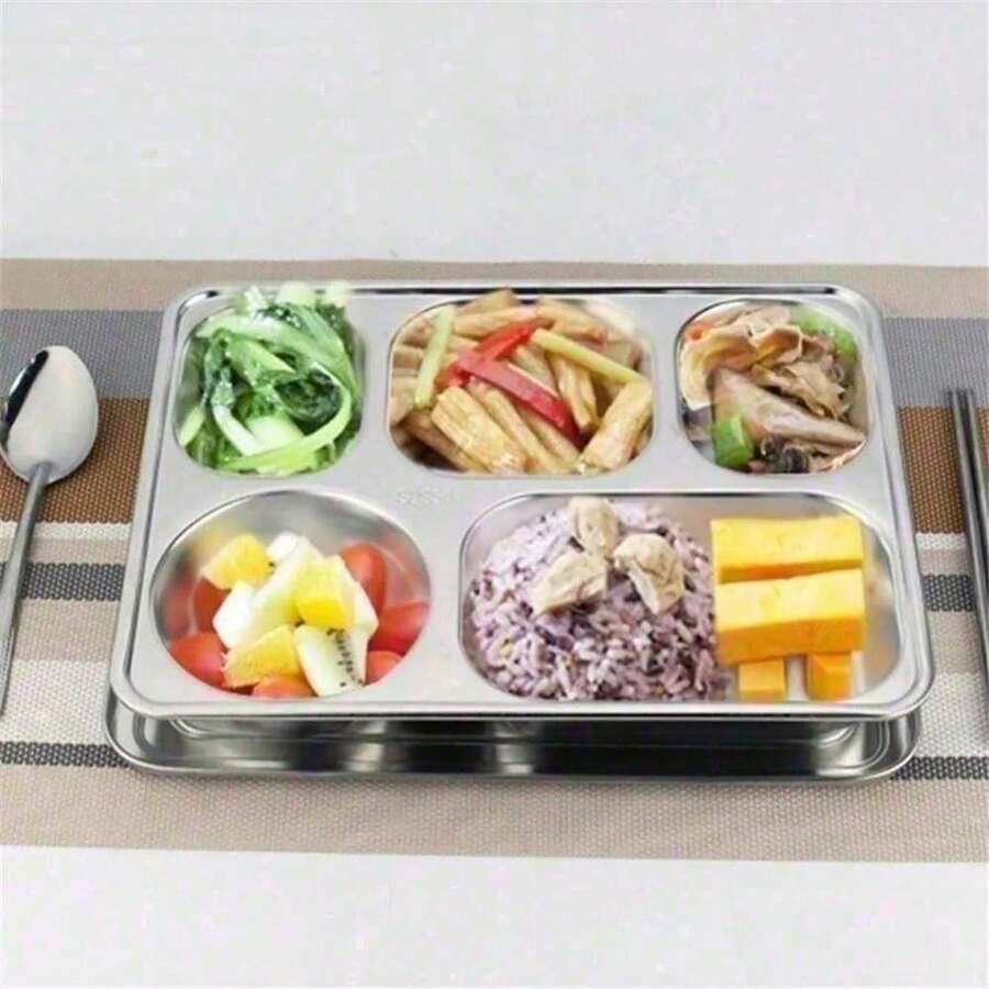 Stainless Steel Plate Food Containers Tray With Compartments Sliver Bento Lunch Boxs With Lid For Canteen Restaurant Tableware - Silver - View 1