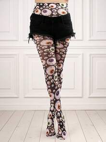 1 Pair Spring/Summer Versatile Devil's Eye Retro Print Pantyhose, Leggings, Sweet & Cool Fashion, High Elasticity & Comfort, Suitable For Daily Outfit, Fashion Item, Couples, Holiday Gifts - Multicolor - View 5