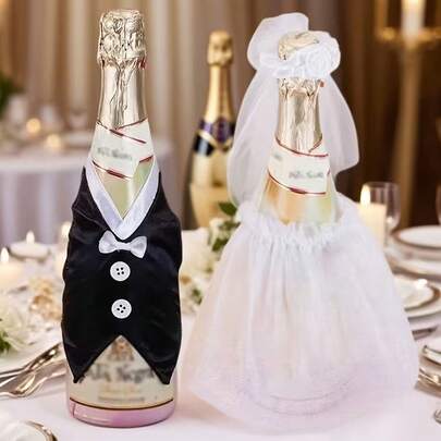 2pcs Wedding Wine Bottle Decor Set, Bride Anniversary Tabletop Decor, Engagement Party Romantic Celebration Supplies, Elegant Wine Bottle Decoration