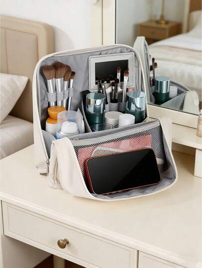 Large-Capacity Upright Makeup Bag With A Detachable Mirror. Suitable For Storing Toiletries And Cosmetics. A Multi-Functional Portable Travel Bag, It Can Also Hold Makeup Tools, Hair Tools, And Nail Polish. It Can Be Placed On A Luggage Rack.
