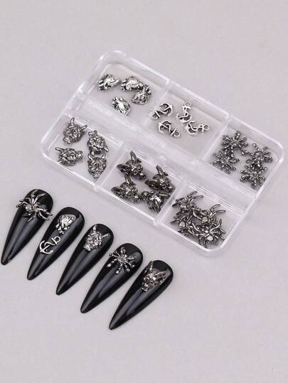 3D Skull, Cross, Heart, Spider, Devil Metal Nail Art Decorations, 6-Piece Set Nail Jewelry, Y2K Gothic Metal Nail Gems, Suitable For DIY Girl Gifts. Also Includes Acrylic Nail Stickers, Phone Cases, Shoes, Clothing, Bags And Nail Care Products.