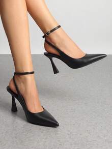 Women's Office Work Heels, Pointed Toe Block Heel Pumps With Slingback Adjustable Strap, Comfortable Closed Toe Dress Shoes For Daily Wear - 黑色/PU - 查看 1