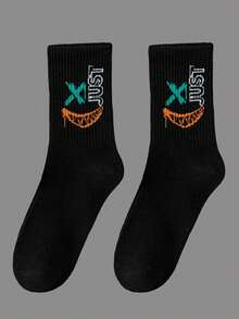 5 Pairs Random Ghost Face Print Thin Crew Socks For Men, Suitable For Daily Wear, Black & White, Summer - Multicolor - View 3