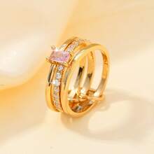 3枚18K镀金长方形粉色立方氧化锆叠戴戒指 - 三個圈戒指 - 查看 5
