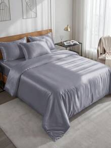 2/3 piezas Juego de ropa de cama de satén, Juego de ropa de cama suave y cómodo, Funda nórdica de unicolor y amigable con la piel, 1/2 piezas Funda de almohada y 1 pieza Funda nórdica, Juego de ropa de cama de satén de seda, Adecuado para todos los tamaños de cama - Individual/Doble/Queen/King, Suave y transpirable, Certificado Oeko-Tex - Gris Claro - Ver 3