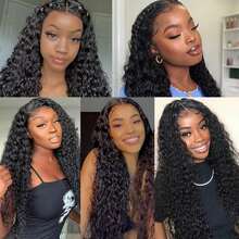 34Inch Curly 13x4 HD Transparent Lace Wigs Human Hair  Deep Wave Put On And Go Glueless Wigs Pre Plucked Pre Cut  Lace Wig For Women 200% Curly Wave Nautural Black - Natural Black - 查看 8