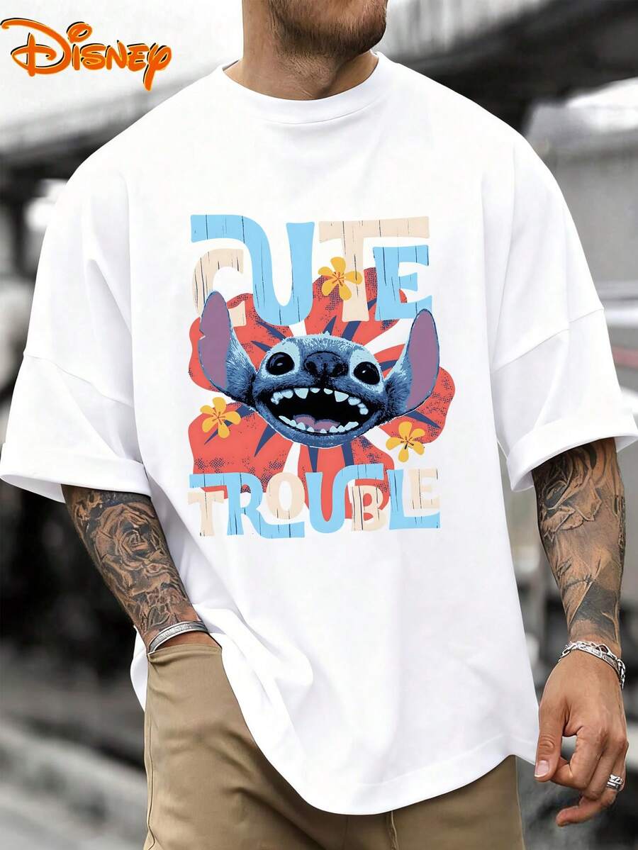 Disney Men's Casual T-Shirt, Stitch "Cute Trouble" Print, Tropical & Playful Design, Ideal For Lilo & Stitch Fans & Daily Wear - 白色 - 查看 1