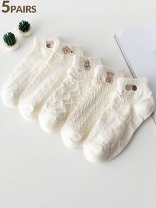 5 đôi tất ngắn màu trắng đơn giản thêu hình gấu và thỏ hoạt hình dễ thương mới cho nữ, thích hợp cho mùa xuân/hè/thu. - trắng - Xem 4