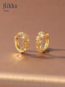 Hihho 1 Pair Encrusted Floral Zirconia Hoop Earrings, Gold & Silver Plated Luxury Niche Delicate Earrings, Suitable For All Skin Tones, Can Be Paired With T-Shirts, Dresses For Everyday Chic, Or Dresses/Formal Wear For Dates/Parties, A Versatile Accessory For All Seasons - Blooming Flowers - View 2