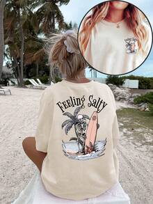 [Summer Beach Tee] High Stretch Women's Plus Size Casual Loose Fit Round Neck Short Sleeve T-Shirt |  "FEELING SALTY" Surf Skeleton Graphic Print 2026 - 杏色 - 查看 6