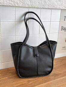 1pc Solid Color PU Large Capacity Snap Closure Minimalist Women's Shoulder Tote Bag, Suitable For Spring/Summer Daily Use - Black - View 1