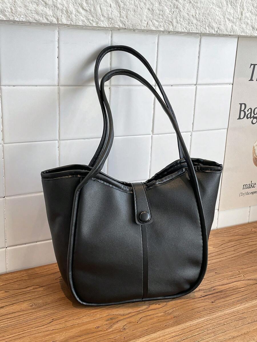 1pc Solid Color PU Large Capacity Snap Closure Minimalist Women's Shoulder Tote Bag, Suitable For Spring/Summer Daily Use - Black - View 1