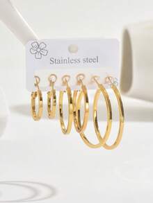 6pcs Set Minimalist Stainless Steel Smooth Hoop Earrings, Suitable For Daily Wear - Multicolor - View 3