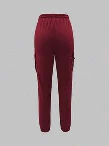 Women's Fashion Elegant Solid Color Casual Pocket Elastic Waist Drawstring Cargo Pants - Màu Đỏ Sâu - Xem 4