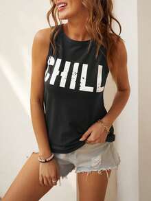 Áo tank top nữ không tay cổ tròn in chữ, kiểu dáng thường ngày, màu đen, thích hợp cho mùa xuân/hè. - màu đen - Xem 7