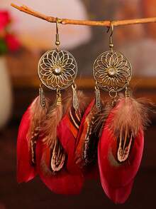 Bohemian Retro Sunflower Earrings, Minimalist Feather Earrings, Suitable For Travel, Vacation And Photo Shooting - Dreamcatcher - View 6