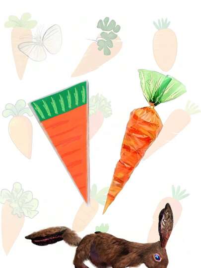 30pcs Easter Carrot Shaped Treat Bags, Triangular Carrot Candy Cookie Gift Bags, Cake Decorating Bags, Baking Food Packaging Bags, Birthday Party Favor Bags