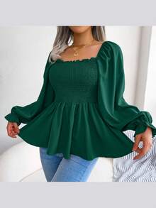Long-Sleeved Chiffon Blouse With Ruffles And Square Neckline | Casual Style, New Spring/Summer Collection - 綠色 - 查看 2
