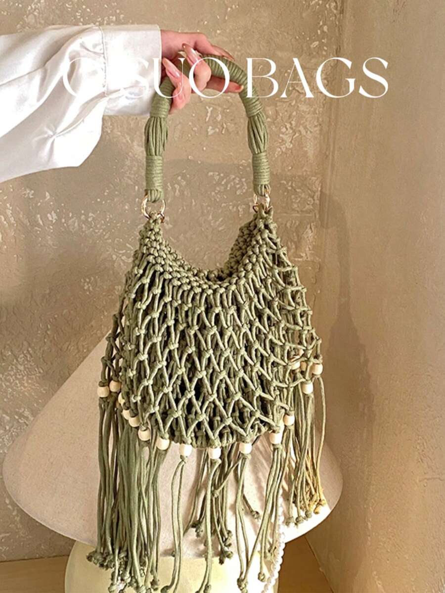 女士手提包，时尚简约，优雅百搭，钩编草编带流苏，搭配珍珠可拆卸肩带，适合海滩、度假、假日、夏季、海边等场合。
