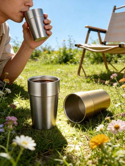 6/12pcs Stainless Steel Double-Layer Outdoor Cups, Portable Stackable Coffee Mugs Suitable For Gardening, Beach, Camping, Multi-Purpose Beverage & Wine Glasses