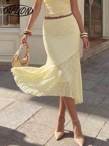 Aflion 女士纯色蕾丝拼接美人鱼中长连衣裙 - 时尚复古优雅浪漫甜美A字中长连衣裙，适合夏季派对、约会、工作、婚礼、出席宾客、海滩度假等场合 - 黃色 - 查看 3