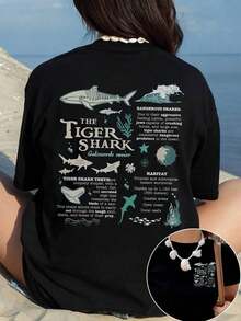 Camisa negra de manga regular y talla grande para mujer con gráfico de tiburón tigre, diseño de cuello redondo, adecuada para uso en verano - Prenda esencial para chicas con manga corta - Negro - Ver 1