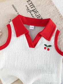 2件套女婴可爱樱桃刺绣领背心上衣和棉质牛仔短裤套装 - 紅色 - 查看 3