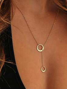 1pc 18K Gold Plated Stainless Steel Elegant Lariat Necklace, Delicate Gold Circle And Bar Lariat Necklace, Chic Y-Shaped Necklace, Modern Circle Design Necklace, Minimalist Style Women's Gift, Fashion Jewelry Gift For Her - Gold - View 6