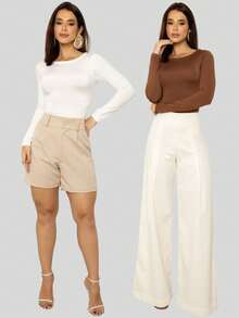 Set Of 2 Women's Long-Sleeved Round Neck Blouses For Autumn/Winter - Trắng và Sô cô la - Xem 10