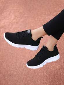 Women's Comfortable Lightweight Mesh Sneakers, Breathable Lace-Up Running Shoes, Casual Fashion Shoes, White, Flat, Casual, Sports, Stylish Thick-Soled Mesh Woven Casual Shoes - Black - View 5