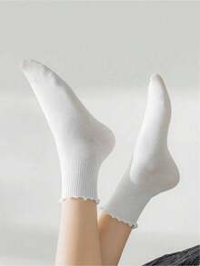 5 Pairs Women's White Cute Ruffle Trim Mid-Calf Socks, Suitable For Daily Wear, Autumn - Multicolor - View 4