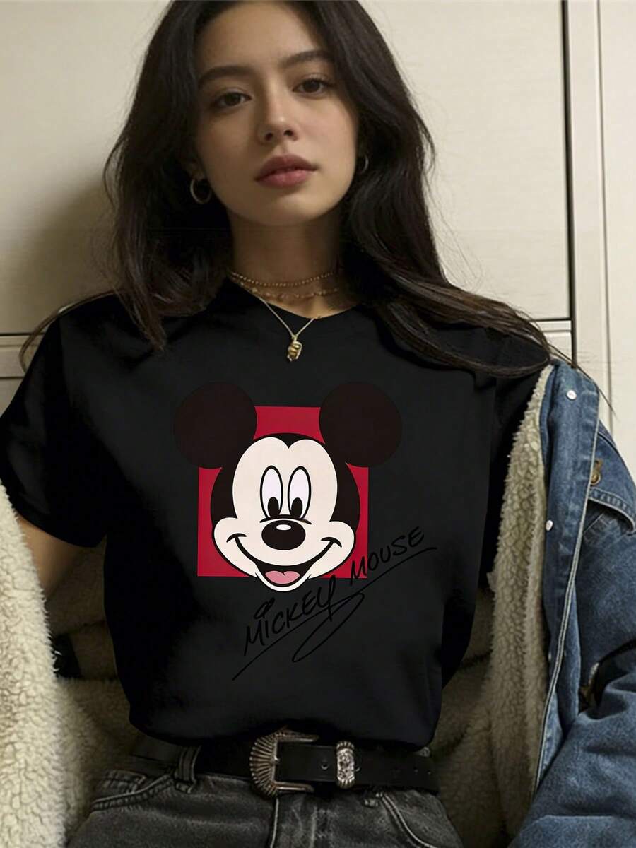 Summer T-Shirts, MICKEY MOUSE Suitable For Everyday Wear, Easy To Wear In Summer, Micro-Elastic, Soft Round Neck Casual Everyday Tops, Including Disney Fashion Prints, Round Neck Summer Sweatshirts, For Both Men And Women, Holiday Gifts. - Black - View 1
