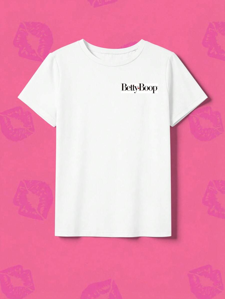 Whysmera SHEIN X Betty Boop 女士圆领卡通字母印花休闲百搭日常短袖T恤 - 白色 - 查看 1