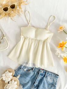 女士雪纺拼接无袖开衩吊带背心 - 淡黃色 - 查看 3
