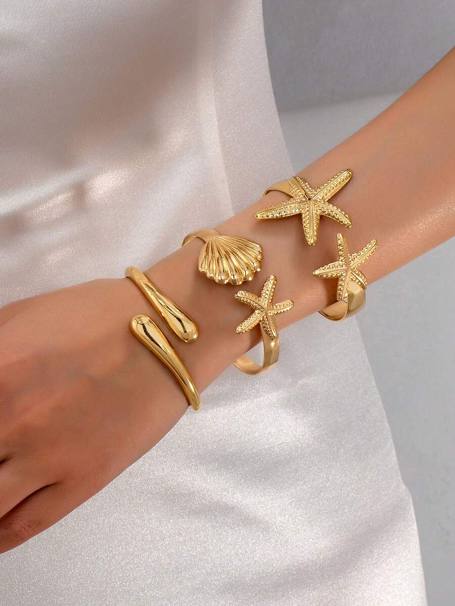 3pcs/Set Minimalist Gold-Tone Beach Vacation Theme Starfish Shell Water Drop Thick Bracelet Set, Suitable For Women, Solid Metal And Zinc Alloy Material - Yellow Gold - View 1